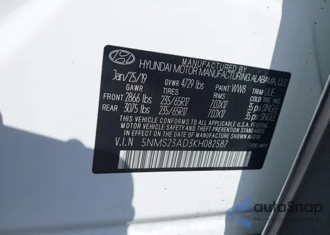 2019 Hyundai Santa Fe Se from USA, damaged, VIN 5NMS23AD3KH082587